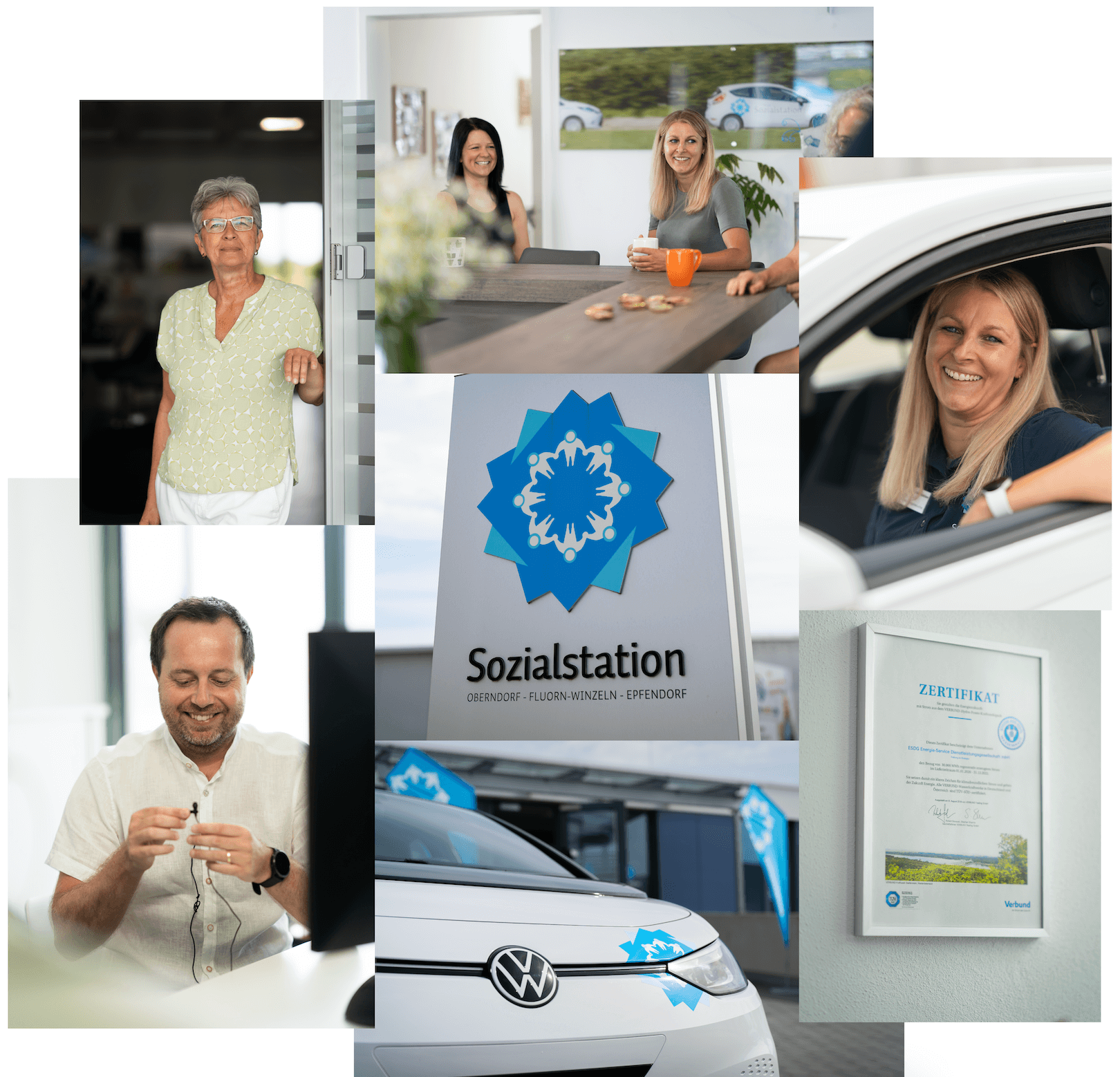 Collage aus mehreren Bildern von Mitarbeitern, Logo, Fahrzeug und Urkunde.